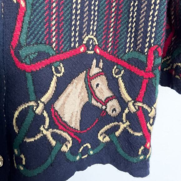 Liola Wool Cardigan 16 XL Equestrian Gold Button Sweater Angora Navy Italy - Picture 3 of 7
